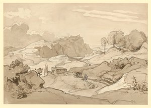 Italian landscape with rocky hills and trees, a hut and staffage figures by the path by Ernst Fries