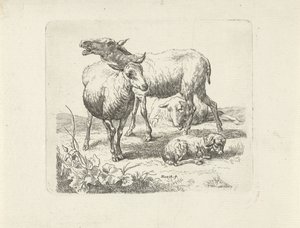 Three Sheep and a Lamb in a Meadow by Ernst Ludwig Creite