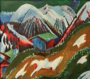 Snow Melt. Mountain Landscape with Alpine Hut