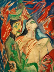 Soldier and Girl Between Colorful Curtains