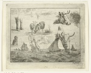 Study Sheet with a Seascape, Two Cow Heads, Sheep, a Dog, and Two Paws by Ernst Willem Jan Bagelaar
