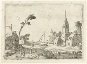 Village Scene with Farms, Church, and Well by Esaias van de Velde