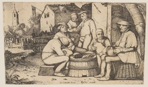 Six Peasants Using a Barrel Butt as a Table