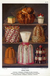 Cakes vary: brioche, lack, timpani of almond paste topped with cream and strawberries, croquenbouche de genoise, Parisian nougat, biscuit, sultane, Breton - Plate No. 2 from the Patisserie Book by Jules Gouffe, officer de bouche du Jockey-Club de Paris by Etienne (after) Ronjat