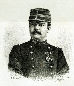 Portrait of Captain Vallière, of the naval infantry, during the expedition to Africa under the command of Gallieni. Engraving by E. Ronjat, after a photograph, to illustrate the story 