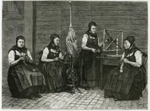 Sondernach spreaders, description of the different stages of spinning, hand, spindle and spindle. Engraving by E.Ronjat, to illustrate the story 