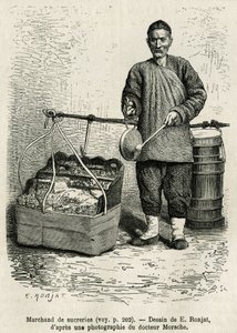 The sugar merchant hitting a flat drum to draw attention to his dried apricots, candied apples and caramel berlingots, walking the Oriental Flower Gate of the Imperial Palace in Peking. Engraving after the drawing of E. Ronjat, to illustrate the journey to by Etienne Antoine Eugene Ronjat