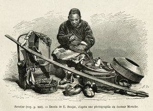 The traveling saver repairs the boots but also the harnesses of the cars of the senior officials of the palace, at the foot of the Oriental Flower Gate of the Imperial Palace in Pekin. Engraving after the drawing of E.Ronjat, to illustrate the journey to P by Etienne Antoine Eugene Ronjat