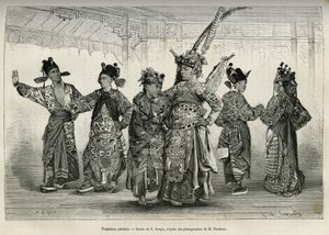Tragedians of a Pekinese theatre, specialising in historical and mythological dramas. Engraving after the drawing of E.Ronjat, to illustrate the journey to Pekin and North China, by T.Choutze, in 1873, published in Le tour du monde 1876, edited by Ed