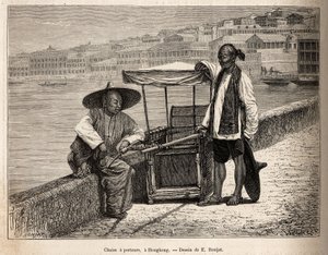 Two Bearers at Rest Beside Their Wheelchair in Hong Kong by Etienne Antoine Eugene Ronjat