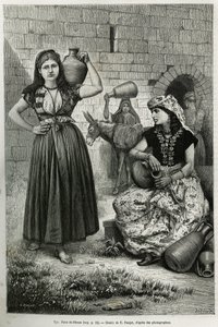 Women carrying jugs, near the well of Hiram in Tyre. Engraving by E.Ronjat, to illustrate the story La Syria d