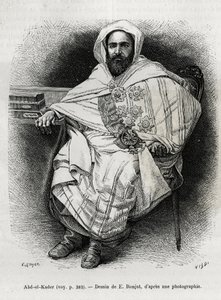 Portrait of Abd El Kader, Algerian emir and sultan, Sufi theologian, politician and military resistance to the French colonial army, also writer, poet and philosopher. Engraving by E. Ronjat, to illustrate the story La Syria d
