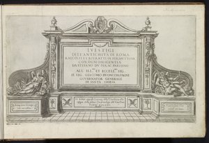 Title Print with a Monument Flanked by Fame and Father Time (Bouwwerken uit de oudheid) by Etienne Duperac