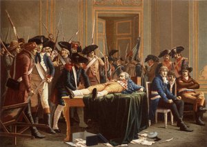 The morning of the 10th Thermidor Year II; Maximilien de Robespierre, with a fractured jaw, spread on a table by Etienne Lucien (after) Melingue