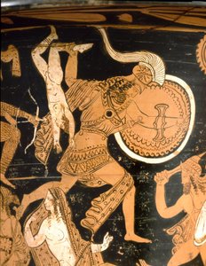 Bell crater representing the destruction of Troy: detail depicting Neoptoleme throwing Astyanax over the walls by Etruscan
