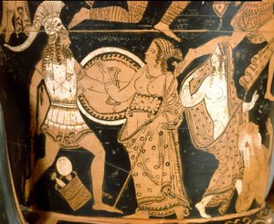 Etruscan antiquity: crater in bell representing the destruction of Troy: (detail)