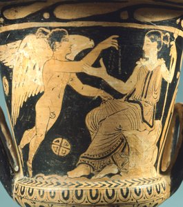 Calyx-krater (large vase) by the Villia Giulia Painter depicting Athena and a winged spirit. Red-figure pottery from Cerveteri (Lazio). Etruscan Civilisation, 4th Century BC