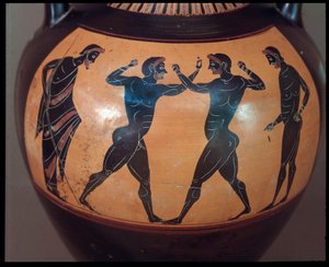 Etruscan Civilization: Terracotta amphora decorated with a scene of pugilism, detail, 550-500 BC, from the Tomb of the Warrior at Vulci, Italy