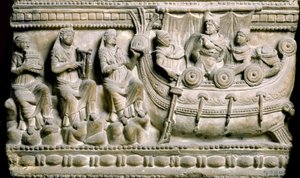 Ulysses, attached to the mast of his ship, resists the singing of the sirens. Low relief of a sarcophagus of Volterra. 4th-3rd century BC. Florence, Archeological Museum by Etruscan
