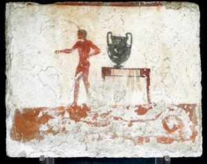 Etruscan Art: A Young Naked Ephebe Near a Table with a Vase by Etruscan