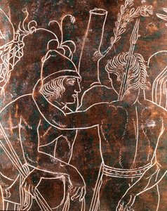 Etruscan art: (detail) of the bronze Ficoroni Cistus representing the legend of the Argonauts. From Preneste (Palestrina). 340 BC. Museo Nazionale di Villa Giulia, Rome by Etruscan