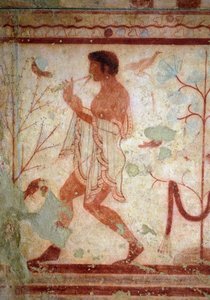Etruscan art: frescoes representing banquet scenes, (detail) representing a flute player. Tomb of the Triclinium. 5th century BC. National Archaeological Museum of Tarquinia Italy by Etruscan