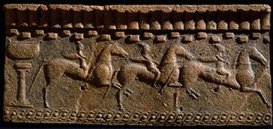 Etruscan art: frieze decoree of knights from an architectural ensemble in Murlo. 6th century BC. Murlo, Antiquarium Municipal, Italy by Etruscan
