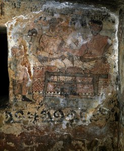 Larth Velcha and His Wife Velia Seithi at a Banquet, Fresco of the Tomb of the Scudi, 340 BC, Necropolis of Monterozzi, Tarquinia, Italy