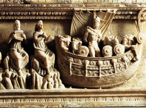 Etruscan civilization, alabaster urn, detail of relief depicting Odysseus and Sirens by Etruscan