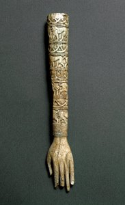 Front arm or handle of flabellum (liturgical fan) in ivory. From the tomb Barberini at Preneste (Palestrina). 7th century BC. Rome, Museo Nazionale di Villa Giulia