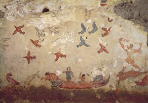 Fishermen in a boat and birds flying, from the Tomb of Fishing and Hunting, c.520-510 BC by Etruscan
