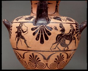 Hydria with representation of Hercules shooting an arrow on the centaur Nessus, Deianira is the second from the right, terracotta, 450-400 BC