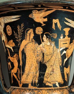 Red-figure pottery, Krater, crowned Dionysus and Ariadne, from Civita Castellana, ancient Falerii, Rome province, Italy (detail)