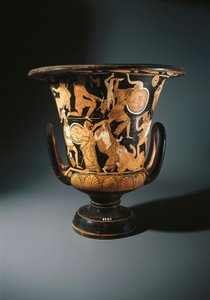 Red-figure pottery, calyx krater depicting Neoptolemus, Astyanax, Helen of Troy and Priamo on ground by Etruscan