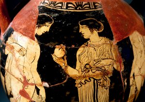 Red-Figure Pottery Pelike Depicting Young Girl Offering Pomegranate