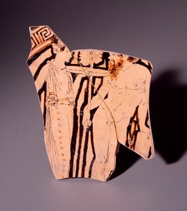 Terracotta fragment of kylix representing a maenad and a satyr, 350 BC by Etruscan
