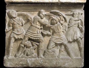 Etruscan art: Eteocles and Polynices, the two brothers, sons of Oedipus. Bas-relief of a sarcophagus of Chiusi, 3rd century BC - Palermo, Museo Archeologico Nazionale by Etruscan Etruscan