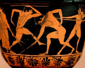 Pyxis Decorated with a Palestra Scene, Athletes Practicing Javelin Throwing, Cerveteri, Rome, Museo di Villa Giulia