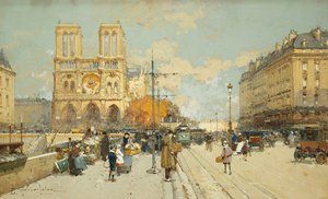 Figures on a Sunny Parisian Street, Notre Dame at Left