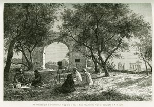 Bab-er-Roumia (Bab er Roumia), gate of the Christian woman, Roman ruins in Dougga, picnic of travelers and their guides, around a camera. Engraving by Eugene Girardet, to illustrate the story 