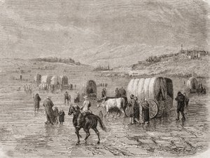 A Wagon Train Heading West in the 1860s, engraved by Stephane Pannemaker by Eugene Antoine Samuel Lavieille