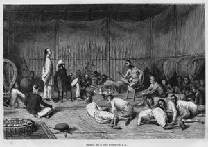 Dr. Harmand at the Reception at the Prince of Oubon (Laos), Description of the Interior of the Princely Case and Its Courtyard, Engraving by Eugene Burnand, to Illustrate the Story of Laos and the Wild Populations of Indochina by Dr. Harmand, in 1877, Publ by Eugene Burnand
