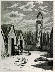 Missionary Square in Meuong Ngan. Engraving by Eugene Burnand, to illustrate the story “Journey in Upper Laos”, in 1880, by Dr. P.Neis. Published in Le Tour du monde, nouveau journal des voyages, 2nd semester 1885, edited by Edouard Charton by Eugene Burnand