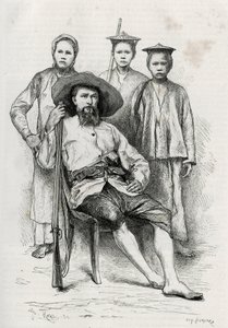 Portrait of the author, surrounds his travelling companions. Engraving by Eugene Burnand, to illustrate the story “Journey in Upper Laos”, in 1880, by Dr. P.Neis. Published in Le Tour du monde, nouveau journal des voyages, 2nd semester 1885, edited by Edou by Eugene Burnand