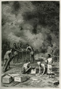 The drying of herbarium plants, on large bamboo clays, before the doctor classifies them and stores them in his crates, engraving by Eugene Burnand, to illustrate the story of Laos and the wild populations of Indochina by Doctor Harmand, in 1877, published