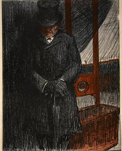 An undertaker awaits his next victim by the guillotine, illustration from 