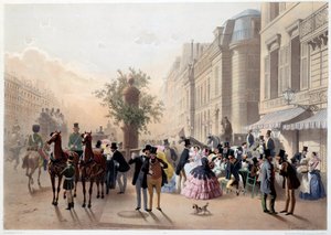 Boulevard des Italians, Cafe Tortoni in Paris in the 19th century (Engraving by Eugene Guerard) by Eugene Charles Francois Guerard
