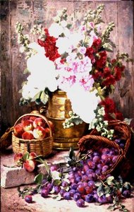 Still life with flowers in a brass urn and fruit in baskets by Eugene Claude