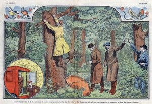 A T.S.F. company installs microphones in the forests and fields to record and transmit the song of birds. Illustration of Damblans in Le Pelerin of 21 May 1933.