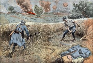 A French gunner scything wheat to kill Germans, drawing by Damblans from French paper 